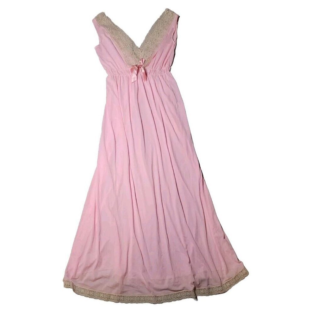 Vintage Aristocrat Pink Long Nightgown Lingerie Large V‎ Neck Gorgeous Lace Trim - Picture 2 of 8